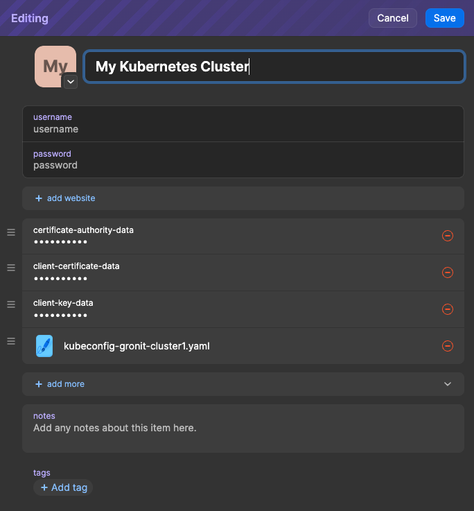 Store Kubeconfig values in 1Password